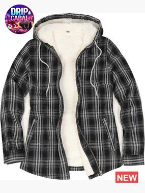 Sherpa Lined Flannel Jacket Full Zip Up Hooded Shacket Side Pockets